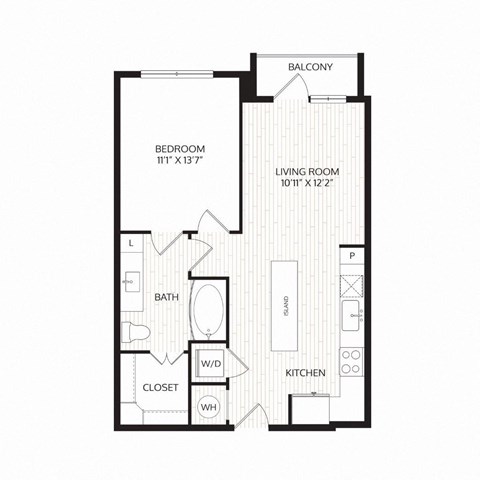 Floor plan for 1 bed, 1 bath, 660 sqft